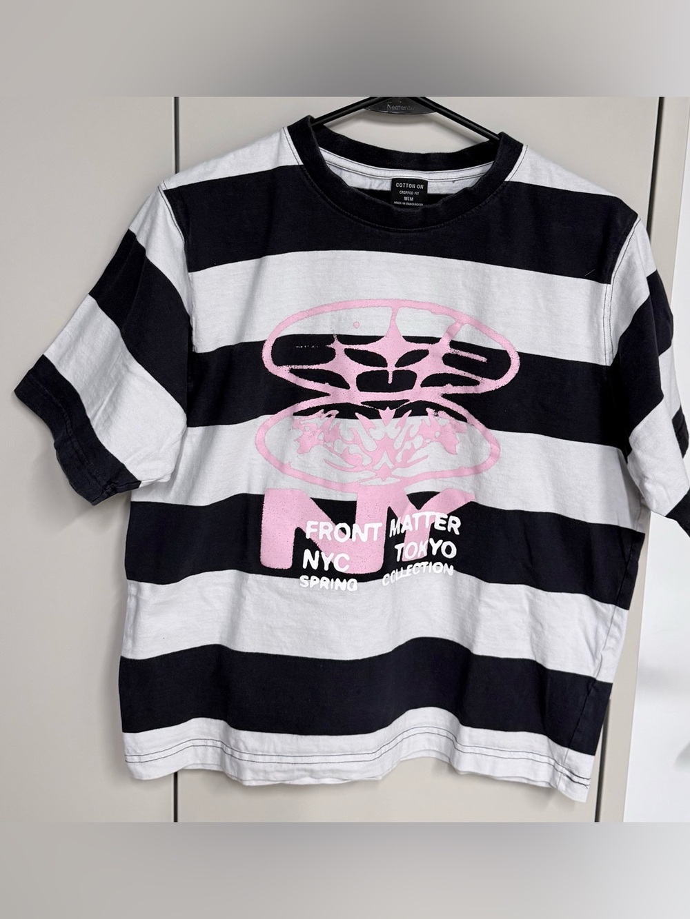 Cotton On Juniors Black & White Striped Tee with Pink Front Print